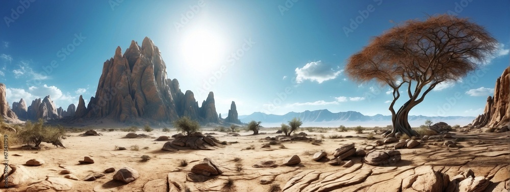 Wall mural Wide-angle shot of an alien planet landscape. Breathtaking panorama of a desert planet with canyons and strange rock formations. Fantastic extraterrestrial landscape. Sci-fi wallpaper.