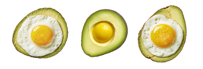 Avocado and egg set isolated. PNG  Egg inside avocado. Keto.  Top view.