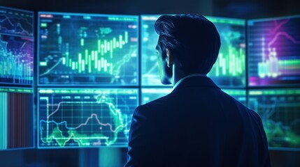 Financial analyst man follows stock prices on a big screen