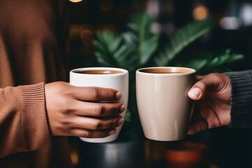 Closeup image of hands clinking coffee mugs, holding hot chocolate cups in hands