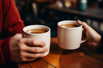 Hands holding coffee cups next to each other in white cups