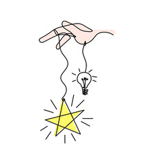 Abstract color  star with hand and light bulb as line drawing on white