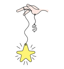 Abstract color  star with hand and dollar as line drawing on white