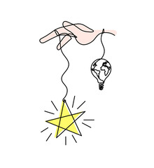 Abstract color  star with hand and light bulb as line drawing on white