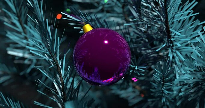 Fluffy snowflakes are reflected in a purple Christmas ball hanging on a blue Christmas tree, the effect of approximation and movement, 3d rendering