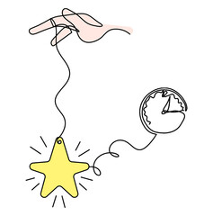 Abstract color  star with hand and clock as line drawing on white