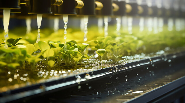 A close-up of liquid fertilizers with advanced nutrient delivery systems gently cascading down a conveyor belt, illustrating the precision and innovation in plant nourishment in a 