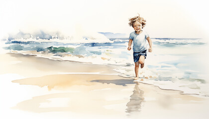 Fototapeta na wymiar Watercolor Depiction of Happiness on a Coastal Beach