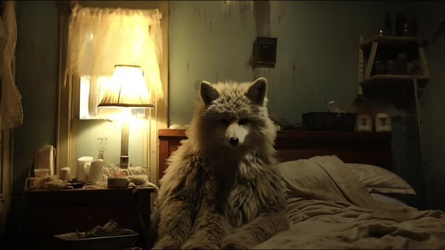 "Eerie music visualizer with a lifelike wolf sitting on a bed, its chest rising and falling in sync with the haunting melodies."