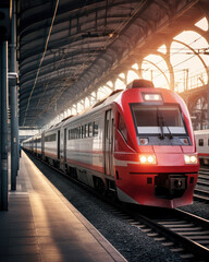 Fototapeta premium Modern Hi-Speed red Passenger Train at station train terminal