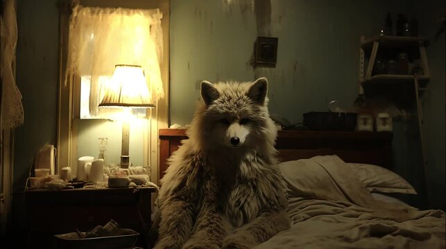 "Eerie music visualizer with a lifelike wolf sitting on a bed, its chest rising and falling in sync with the haunting melodies."