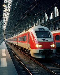 Modern Hi-Speed red Passenger Train at station train terminal - obrazy, fototapety, plakaty