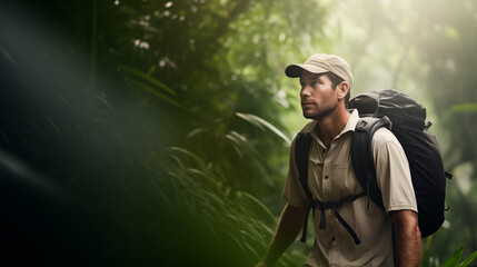 Obraz premium Adventurous man hiking through dense jungle with a backpack.