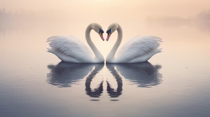 Two swans forming a heart shape on a serene, reflective lake