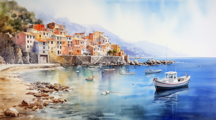 Fototapeta na wymiar Coastal Voyage - A Watercolor Perspective