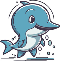Obraz premium Cute cartoon dolphin with splashes of water. Vector illustration.