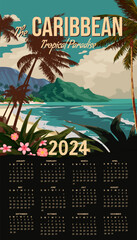 Calendar 2024 Caribbean Travel wall poster tropical resort vintage