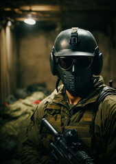 soldier in military uniform, he is wearing a mask and helmet.