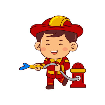 cute firefighter boy cartoon character vector illustration