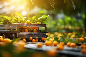 Cutting edge robotic technology revolutionizing orange harvesting in a modern agricultural farm - obrazy, fototapety, plakaty