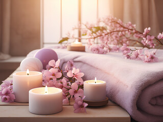 Fototapeta na wymiar Spa room, cozy atmosphere, candles, stones for stone therapy - created by ai