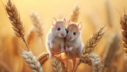 Playful and curious little mice exploring the enchanting beauty of a sun kissed wheat field
