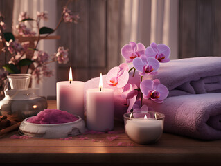 Fototapeta na wymiar Spa room, cozy atmosphere, candles, stones for stone therapy - created by ai