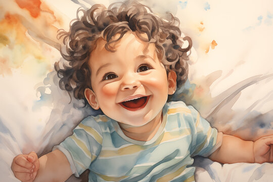 Joyful Expression in Watercolor: A Detailed Artistic PortraitCloseup Watercolor Portrait of happy adorable and cute baby kid