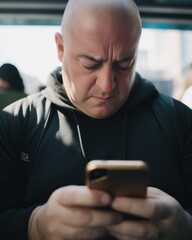Bald man using his phone on public transportation