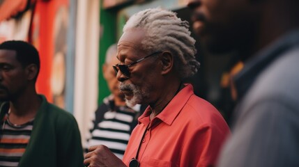 An older African man with grey hair and sunglasses confidently leading a group of people in a professional setting.