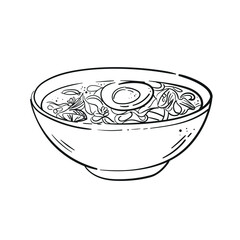 Chicken soup with noodles and egg in a bowl sketch. Doodle style illustration. International soup day. Menu, design, web.