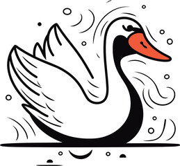 Obraz premium Swan swimming in the sea. Black and white vector illustration.