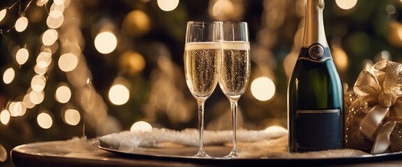 Two champagne glasses and a bottle of champagne on a table with a Christmas tree in the background. The glasses are filled with champagne and have a gold rim.