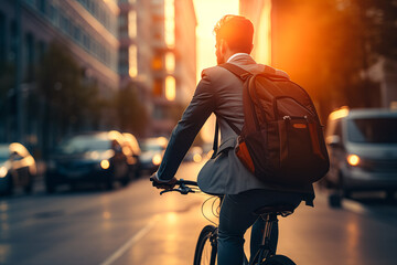 Young handsome businessman bicycling to work in morning, generative AI - 673437952