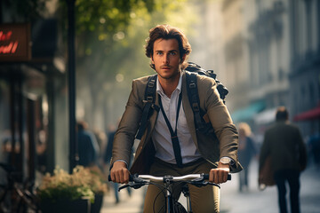 Young handsome businessman bicycling to work in morning, generative AI - 673437959