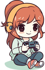 Illustration of a Cute Little Girl Playing with a Gamepad