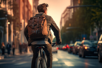 Young handsome businessman bicycling to work in morning, generative AI - 673437990