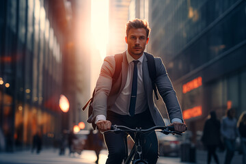 Young handsome businessman bicycling to work in morning, generative AI - 673437998