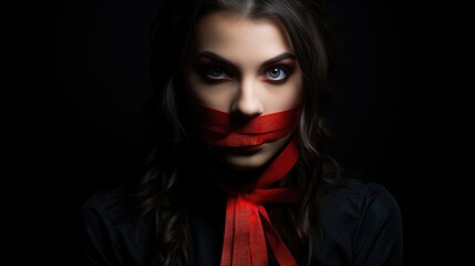 A woman with her mouth tied. Freedom of speech, politicians prohibit speaking and expressing their thoughts, ban on freedom, elections, arbitrariness of politicians, my voice is important - obrazy, fototapety, plakaty