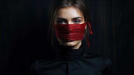 A woman with her mouth tied. Freedom of speech, politicians prohibit speaking and expressing their thoughts, ban on freedom, elections, arbitrariness of politicians, my voice is important