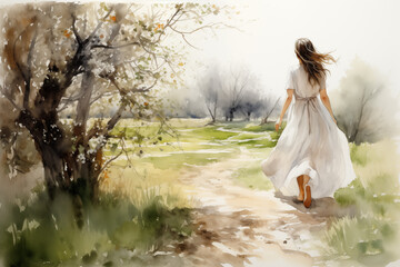 Joyful Day in the Nature: Watercolor Painting Landscape