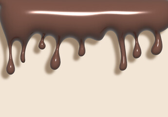 Brown flowing substance with drops on a beige background, 3D rendering illustration