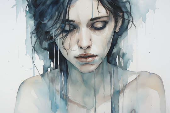 Sad artistic Watercolor Portrait Focusing of depressed woman