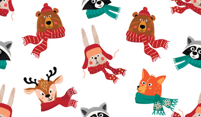Winter holidays seamless pattern with cute forest animals in warm scarves and hats.Funny colorful  background with heads of raccoon, bear, fox, deer and hare.Vector cartoon illustration on white.