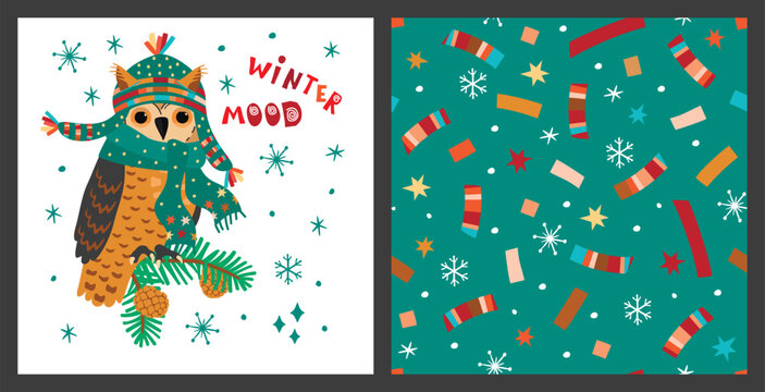 Winter holidays vector collection with cartoon owl and hand lettering.Greeting card with cute animal character in warm  scarf and hat.Colorful seamless pattern with confetti,snowflakes and stars.
