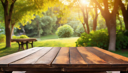 Fototapeta premium Wooden Table outside in park background