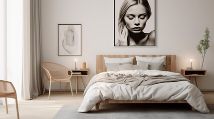 modern, Scandinavian style bedroom with art on the wall, minimalist hotel room in beautiful light colours