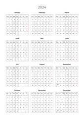 Calendar 2024 yearly, A4 size, vertical orientation. Simple high-quality printable on white background. - 673440962
