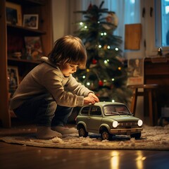 A happy child playing with a miniature car, symbolizing the innocence and joy of childhood. - obrazy, fototapety, plakaty