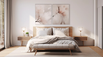 modern, Scandinavian style bedroom with art on the wall, minimalist hotel room in beautiful light colours